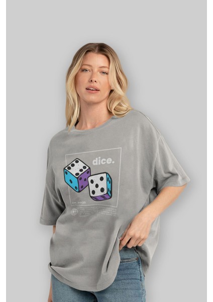 Dice Yazılı Ön Baskılı Gri Oversize T-Shirt Unisex Erkek Kadın Bisiklet Yaka fırsatları