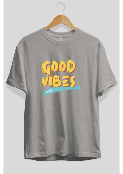 Good Vibes Ön Baskılı Gri Oversize T-Shirt Unisex Erkek Kadın Bisiklet Yaka fiyatları