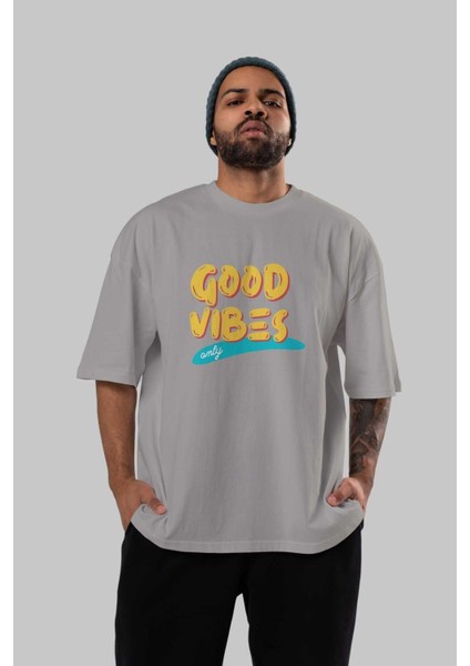 Good Vibes Ön Baskılı Gri Oversize T-Shirt Unisex Erkek Kadın Bisiklet Yaka indirimleri