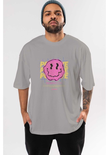 Positive 2 Ön Baskılı Gri Oversize T-Shirt Unisex Erkek Kadın Bisiklet Yaka