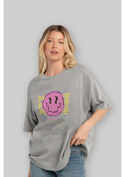 Positive 2 Ön Baskılı Gri Oversize T-Shirt Unisex Erkek Kadın Bisiklet Yaka fırsatları