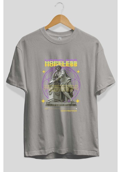 Hopeless Ön Baskılı Gri Oversize T-Shirt Unisex Erkek Kadın Bisiklet Yaka fiyatları