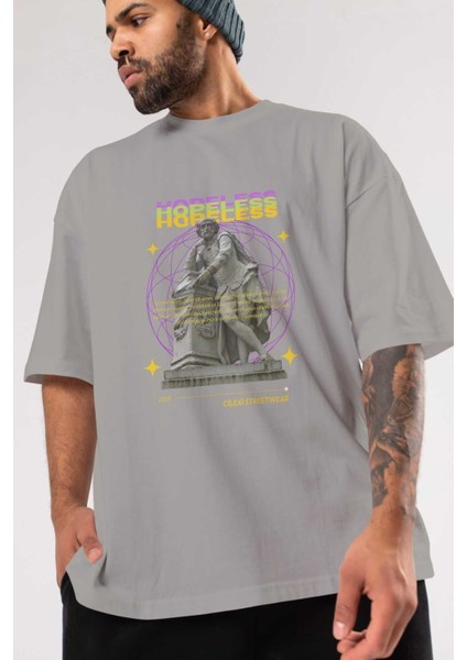 Hopeless Ön Baskılı Gri Oversize T-Shirt Unisex Erkek Kadın Bisiklet Yaka modelleri