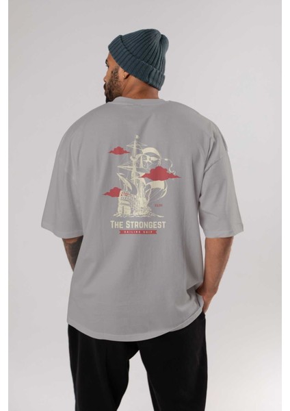 The Strongest Yazılı Arka Baskılı Gri Oversize T-Shirt Unisex Erkek Kadın Bisiklet Yaka fırsatları