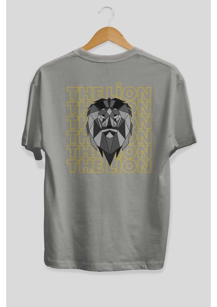 The Lion Yazılı Arka Baskılı Gri Oversize T-Shirt Unisex Erkek Kadın Bisiklet Yaka fiyatları