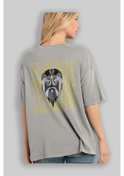 The Lion Yazılı Arka Baskılı Gri Oversize T-Shirt Unisex Erkek Kadın Bisiklet Yaka modelleri