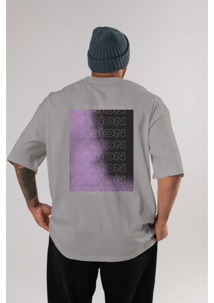 Vision Yazılı Arka Baskılı Gri Oversize T-Shirt Unisex Erkek Kadın Bisiklet Yaka