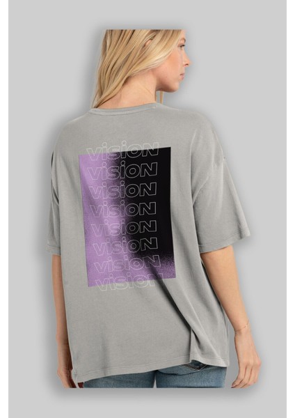 Vision Yazılı Arka Baskılı Gri Oversize T-Shirt Unisex Erkek Kadın Bisiklet Yaka modelleri