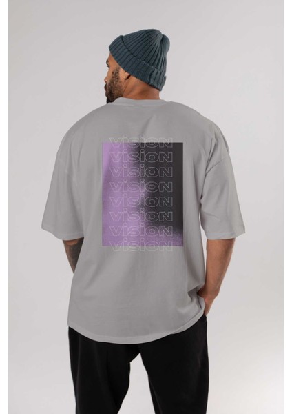 Vision Yazılı Arka Baskılı Gri Oversize T-Shirt Unisex Erkek Kadın Bisiklet Yaka fırsatları