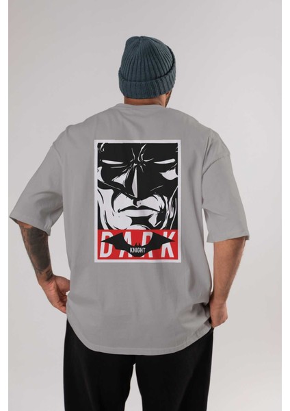 Batman (23) Arka Baskılı Gri Oversize T-Shirt Bisiklet Yaka Pamuk Erkek Kadın