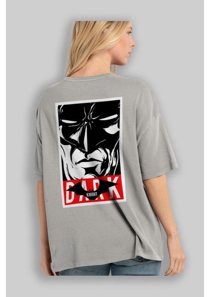Batman (23) Arka Baskılı Gri Oversize T-Shirt Bisiklet Yaka Pamuk Erkek Kadın modelleri