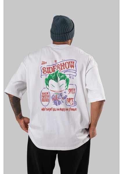 Joker (4) Arka Baskılı Beyaz Oversize T-Shirt Bisiklet Yaka Pamuk Erkek Kadın