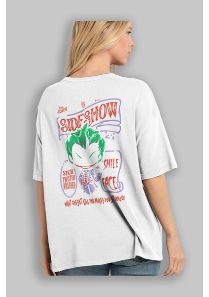 Joker (4) Arka Baskılı Beyaz Oversize T-Shirt Bisiklet Yaka Pamuk Erkek Kadın modelleri