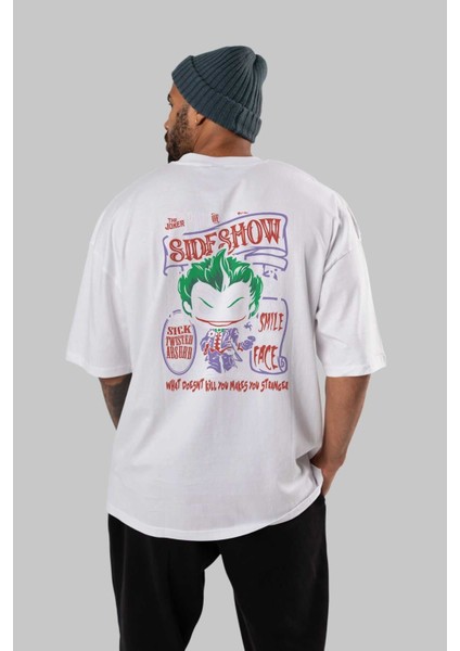 Joker (4) Arka Baskılı Beyaz Oversize T-Shirt Bisiklet Yaka Pamuk Erkek Kadın fırsatları