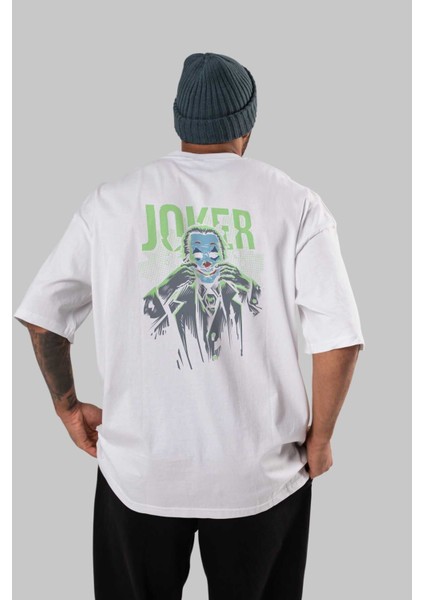 Joker (9) Arka Baskılı Beyaz Oversize T-Shirt Bisiklet Yaka Pamuk Erkek Kadın