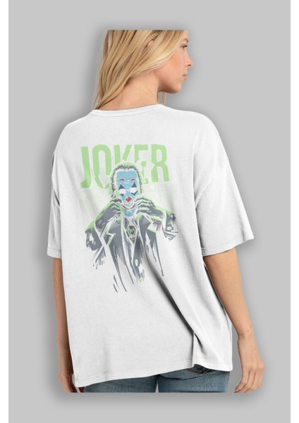 Joker (9) Arka Baskılı Beyaz Oversize T-Shirt Bisiklet Yaka Pamuk Erkek Kadın modelleri