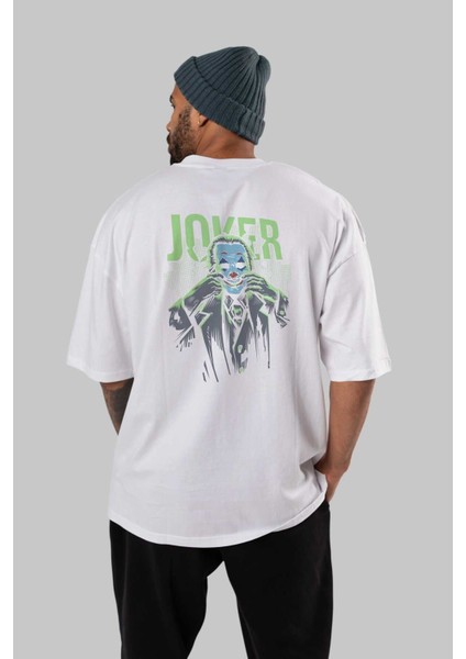 Joker (9) Arka Baskılı Beyaz Oversize T-Shirt Bisiklet Yaka Pamuk Erkek Kadın fırsatları
