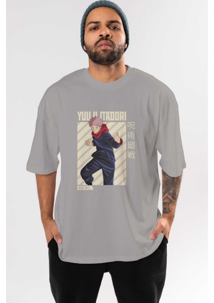 Yuuji Itadori 1 Anime Ön Baskılı Gri Oversize T-Shirt %100 Pamuk Erkek Kadın