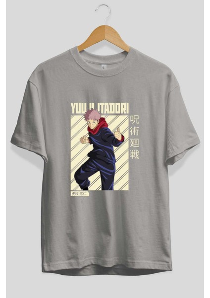 Yuuji Itadori 1 Anime Ön Baskılı Gri Oversize T-Shirt %100 Pamuk Erkek Kadın fiyatları