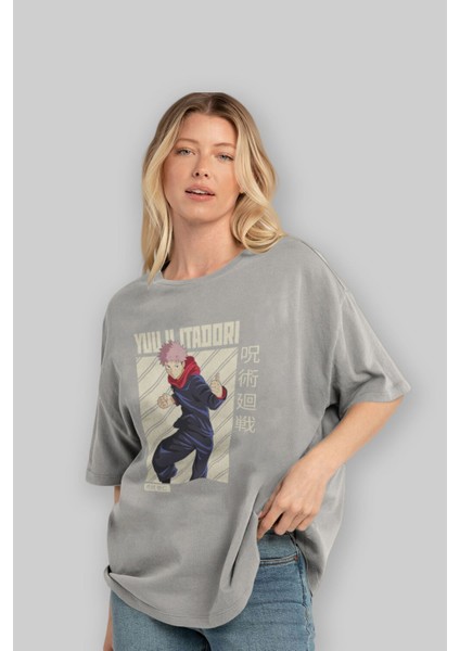 Yuuji Itadori 1 Anime Ön Baskılı Gri Oversize T-Shirt %100 Pamuk Erkek Kadın fırsatları