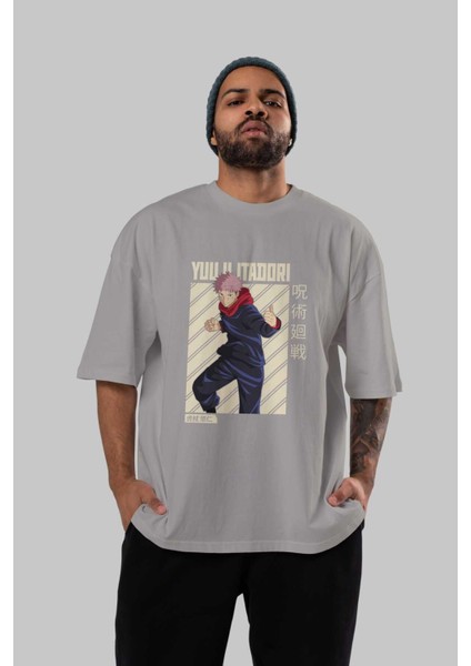 Yuuji Itadori 1 Anime Ön Baskılı Gri Oversize T-Shirt %100 Pamuk Erkek Kadın indirimleri