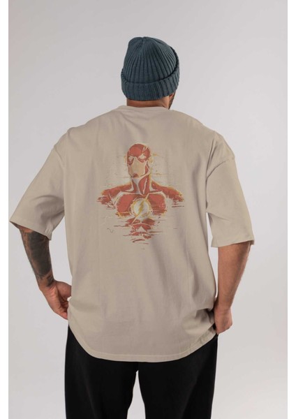 Flash Avengers Arka Baskılı Bej Oversize T-Shirt Bisiklet Yaka Pamuk Erkek Kadın