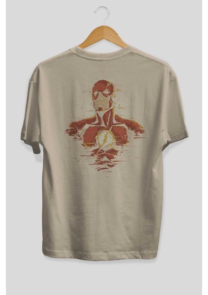 Flash Avengers Arka Baskılı Bej Oversize T-Shirt Bisiklet Yaka Pamuk Erkek Kadın fiyatları