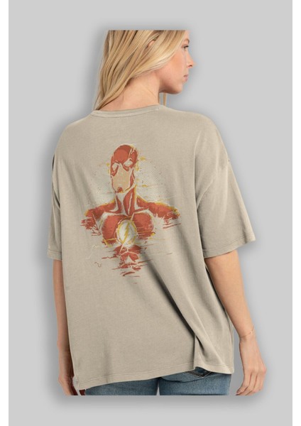 Flash Avengers Arka Baskılı Bej Oversize T-Shirt Bisiklet Yaka Pamuk Erkek Kadın modelleri