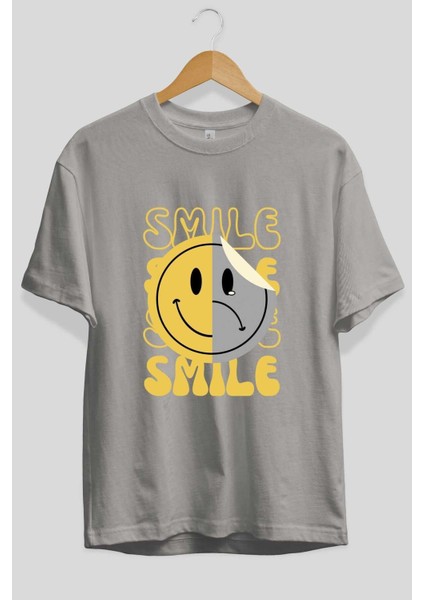 Smile Yazılı Ön Baskılı Gri Oversize T-Shirt Unisex Erkek Kadın Bisiklet Yaka fiyatları