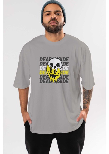 Dead Inside Yazılı Ön Baskılı Gri Oversize T-Shirt Unisex Erkek Kadın Bisiklet Yaka