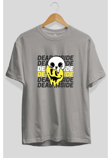 Dead Inside Yazılı Ön Baskılı Gri Oversize T-Shirt Unisex Erkek Kadın Bisiklet Yaka fiyatları