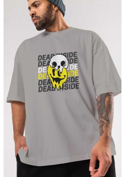 Dead Inside Yazılı Ön Baskılı Gri Oversize T-Shirt Unisex Erkek Kadın Bisiklet Yaka modelleri