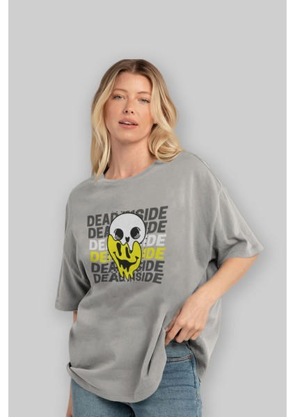 Dead Inside Yazılı Ön Baskılı Gri Oversize T-Shirt Unisex Erkek Kadın Bisiklet Yaka fırsatları