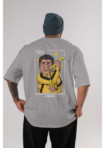 Xi Jinping Bruce Lee Arka Baskılı Gri Oversize T-Shirt Unisex Erkek Kadın Bisiklet Yaka