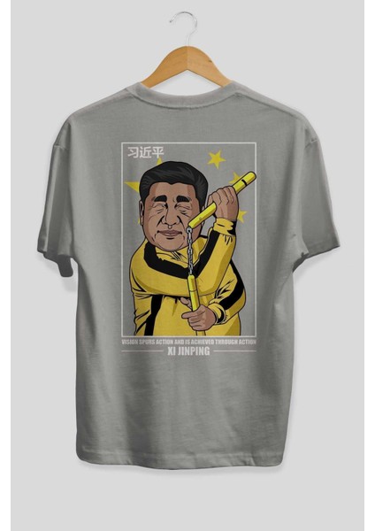 Xi Jinping Bruce Lee Arka Baskılı Gri Oversize T-Shirt Unisex Erkek Kadın Bisiklet Yaka fiyatları