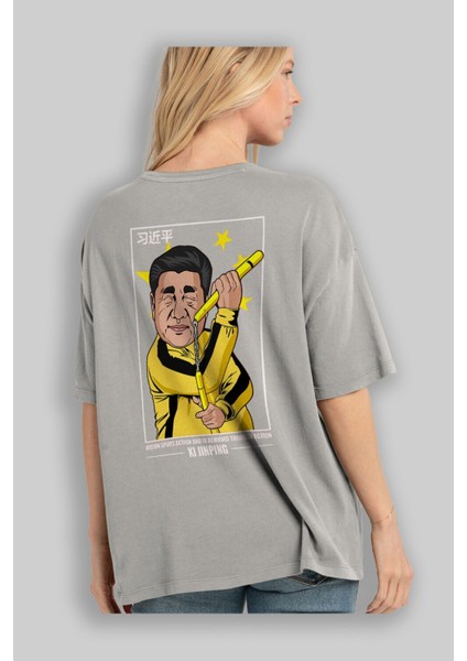 Xi Jinping Bruce Lee Arka Baskılı Gri Oversize T-Shirt Unisex Erkek Kadın Bisiklet Yaka modelleri