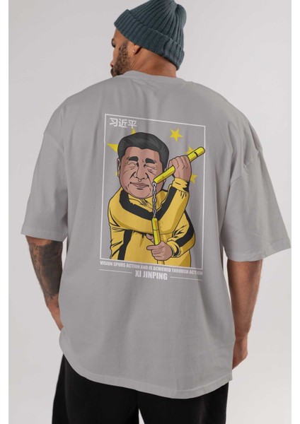Xi Jinping Bruce Lee Arka Baskılı Gri Oversize T-Shirt Unisex Erkek Kadın Bisiklet Yaka indirimleri