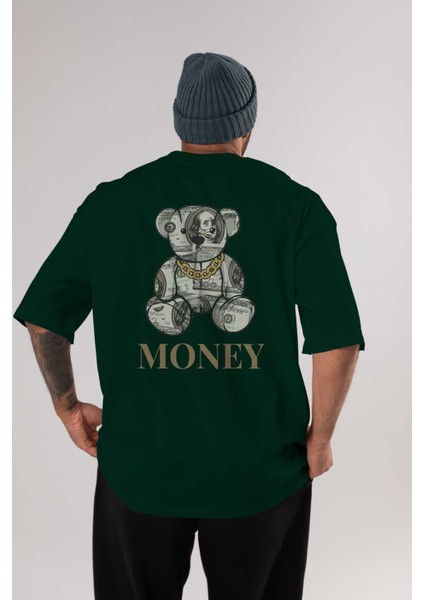 Teddy Bear Money Arka Baskılı Zümrüt Yeşili Oversize T-Shirt Erkek Kadın Bisiklet Yaka