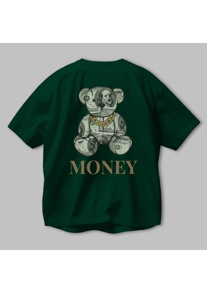 Teddy Bear Money Arka Baskılı Zümrüt Yeşili Oversize T-Shirt Erkek Kadın Bisiklet Yaka modelleri