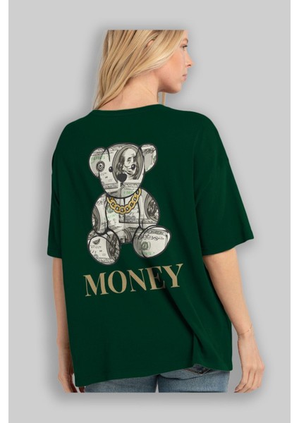 Teddy Bear Money Arka Baskılı Zümrüt Yeşili Oversize T-Shirt Erkek Kadın Bisiklet Yaka fırsatları