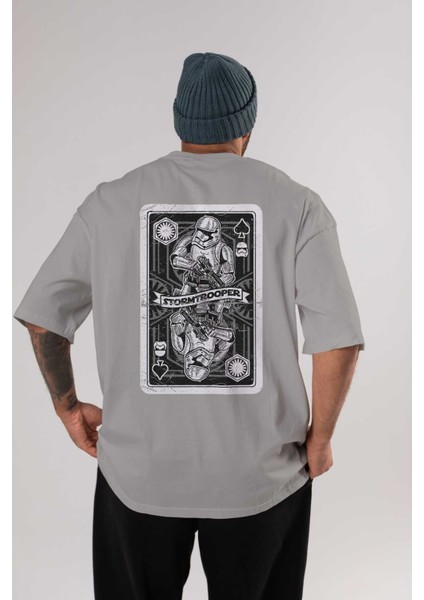 Stormtrooper Playing Card Arka Baskılı Gri Oversize T-Shirt Unisex Erkek Kadın Bisiklet Yaka