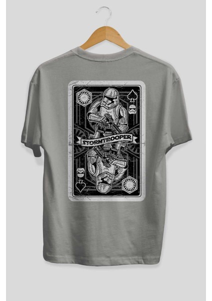 Stormtrooper Playing Card Arka Baskılı Gri Oversize T-Shirt Unisex Erkek Kadın Bisiklet Yaka fiyatları