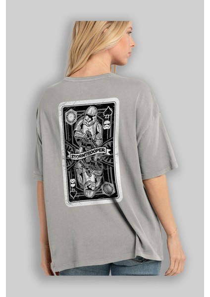 Stormtrooper Playing Card Arka Baskılı Gri Oversize T-Shirt Unisex Erkek Kadın Bisiklet Yaka modelleri