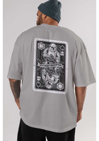 Stormtrooper Playing Card Arka Baskılı Gri Oversize T-Shirt Unisex Erkek Kadın Bisiklet Yaka indirimleri