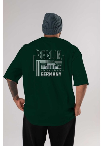 Berlin Arka Baskılı Zümrüt Yeşili Oversize T-Shirt Unisex Erkek Kadın Bisiklet Yaka