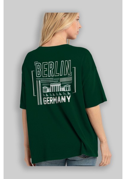Berlin Arka Baskılı Zümrüt Yeşili Oversize T-Shirt Unisex Erkek Kadın Bisiklet Yaka fırsatları