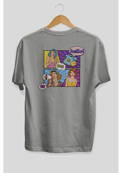 Hello Omg Arka Baskılı Gri Oversize T-Shirt Unisex Erkek Kadın Bisiklet Yaka fiyatları