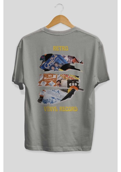 Retro Design Arka Baskılı Gri Oversize T-Shirt Unisex Erkek Kadın Bisiklet Yaka fiyatları