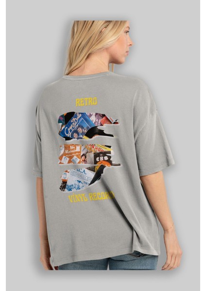 Retro Design Arka Baskılı Gri Oversize T-Shirt Unisex Erkek Kadın Bisiklet Yaka modelleri