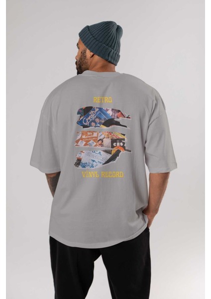 Retro Design Arka Baskılı Gri Oversize T-Shirt Unisex Erkek Kadın Bisiklet Yaka fırsatları